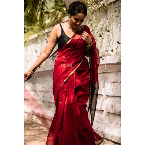 Image of Original Maheswari Cotton Silk Saree for Women | Kanjivaram Pure Silk Cotton Sari with Blouse | Zari Work | Tassels | Handloom Weave