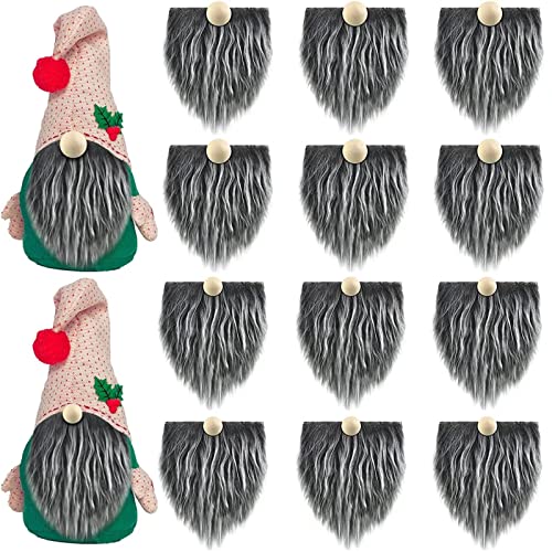 runrayay 12Pcs Pre-Cut Gnome Beard for Crafting Grey Faux Fur Fabric Handmade Dwarf Beard with 12Pcs Wooden Balls Nose for Festival Home Decor Diy