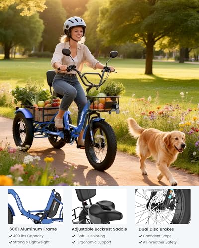 Image of MOONCOOL Electric Tricycle for Adults, 20 inch x 4 inch Fat Tire Folding Electric Trike, 48V 500W 3 Wheel Electric Bike, 7 Speed E Trikes for Adults with Removable Battery, Aluminum Frame & Large Basket