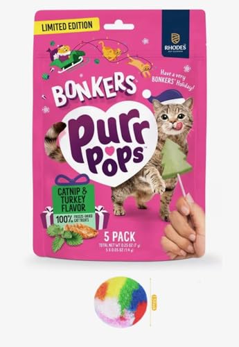 Bonkers Purrpops Christmas Themed Limited Edition Holiday Chicken Flavor Freeze-Dried Licks Cat Treats Catnip & Turkey Flavor - 5 Pack with 1 Cat Pom Pom Balls Toy