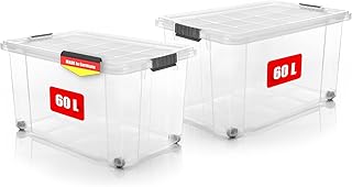 BigDean Pack of 2 60 L Storage Boxes with Lid, Large, Transparent, Stackable Robust Box, Rollable Stacking Box with Fixed Click Fasteners, Made in Germany