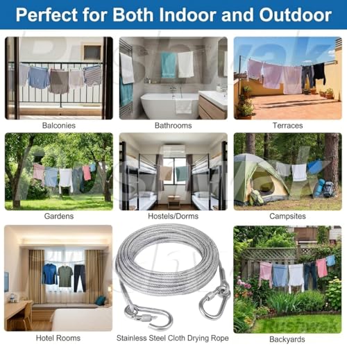 Image of Rushwak Stainless Steel Clothes Drying Rope with Carabiner Hooks Heavy-Duty Rust-Proof Cloth Rope for Drying Clothes Steel Wire for Clothes Drying Hanging Portable Clothesline - 5 Meter (Pack of 2)