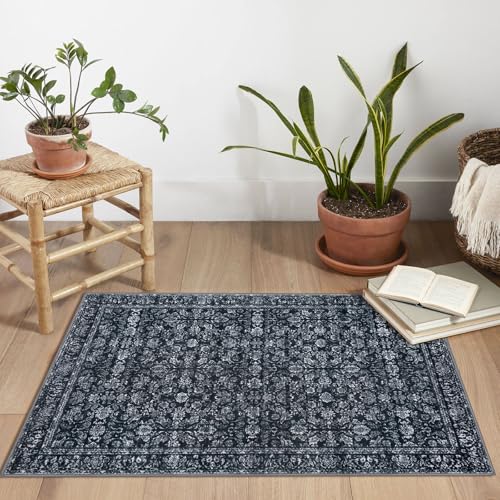 2x3 Black Washable Area Rug for Entryway, Non-Slip Soft Indoor Door Mat Distressed Floral Low-Pile Kitchen Rugs, Neutral Vintage Carpet for Entrance Farmhouse