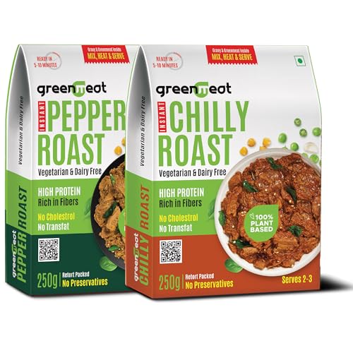 Image of Greenmeat Pepper Roast + Chilly Roast - Instant Combo | Ready in 5-10 Minutes | 100% Plant Based & Vegetarian | Protein & Fibre Rich | Low Fat & Zero Cholesterol | No Preservatives | Pack of 2 (250g + 250g)