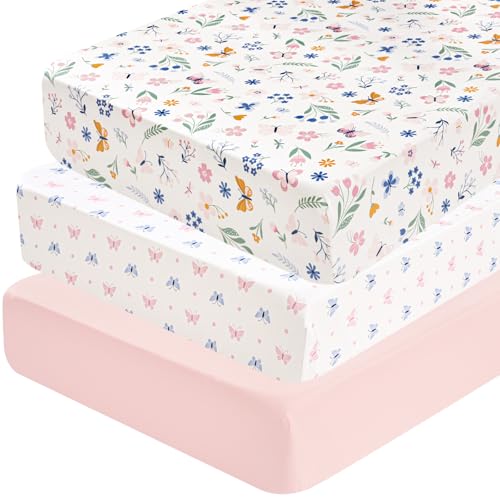 Image of david's kids 3 Pack Fitted Crib Sheets, Ultra Soft Breathable Comfortable Baby Sheet Set for Boys Girls Neutral, 28x52 Inch Fits Standard Crib and Toddler Mattresses, Floral & Butterfly