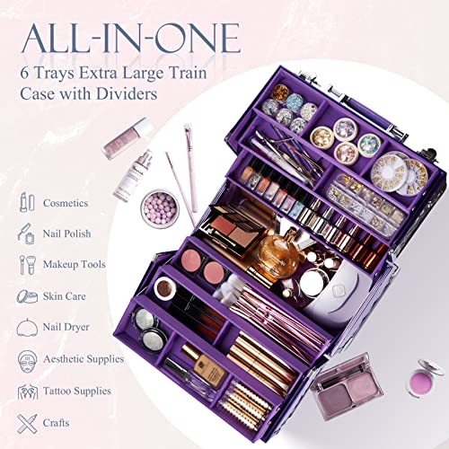 FRENESSA Extra Large Makeup Organizer Case Cosmetic Train Case 6 Trays Large Bottom with Shoulder Strap Travel Makeup Case for Makeup Artist, Cosmetology, Nail Tech Kits Makeup Box Storage Purple