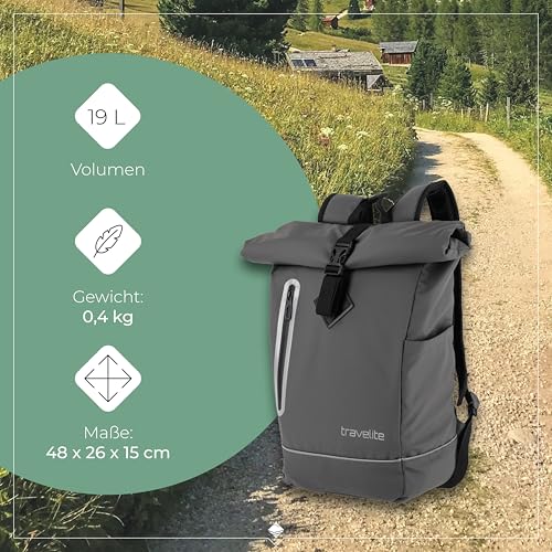 Travelite Rolltop Rucksack wasserfest, Fahrradrucksack, Freizeitrucksack mit Rolltop Verschluss & Reflektoren, BASICS, 48 cm, 19 Liter