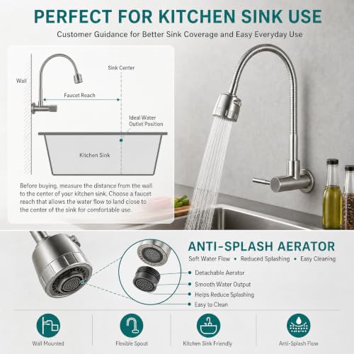 Image of InArt Wall Mounted Flexible Kitchen Faucet, Brushed Silver Gooseneck Sink Tap with Adjustable Spray Head, Single Lever, Anti-Splash Flow, 5 Year Leakage Warranty