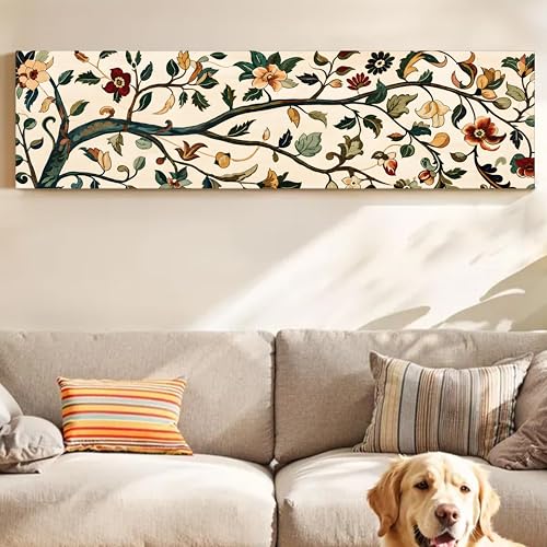 Image of Traditional Kalamkari Botanical Stretched Canvas Wall Art Painting for Living Room, Horizontal Floral Canvas Wall Decor For Livingroom, Bedroom, Office, Hallway's, Hotel 12x46 Inch
