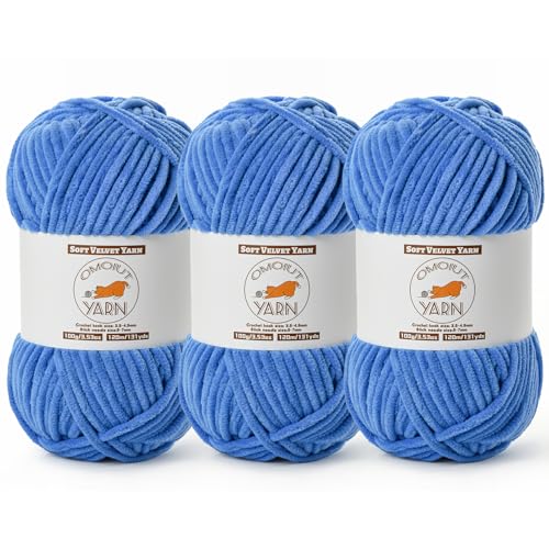 Image of 3 Pack Azure Fluffy Velvet Yarn for Crocheting, Chunky Chenille Baby Blanket Yarn for Crochet, Soft Fuzzy Puzzle Yarn for Knitting, (100g /3.53oz Each) Bulky Thick Amigurumi Crochet Yarns