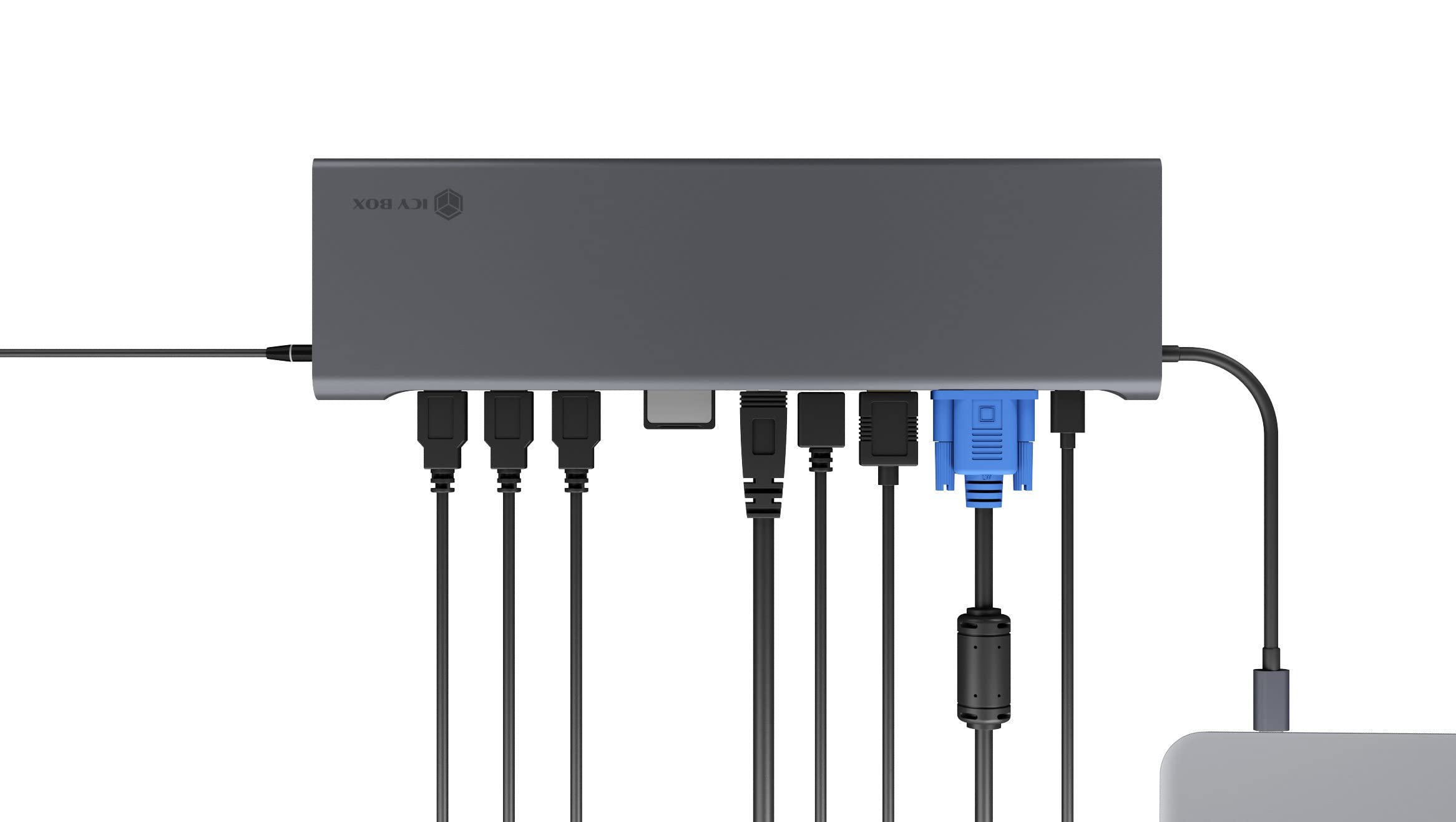 ICY BOX Station d'accueil USB-C pour Windows, 4K HDMI, Mini DisplayPort, VGA, LAN, PowerDelivery, USB 3.0, Lecteur de Cartes, Audio, Aluminium, Anthracite 60389