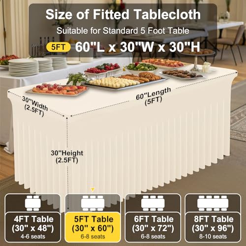 Image of Smiry Spandex Elastic Fitted Table Cloth Skirt for 5FT Rectangle Table | Stretch Washable Table Cloth, Banquet Table Cover for Wedding, Party, Indoor & Trade Shows, (Beige, 60Lx30Wx30H)