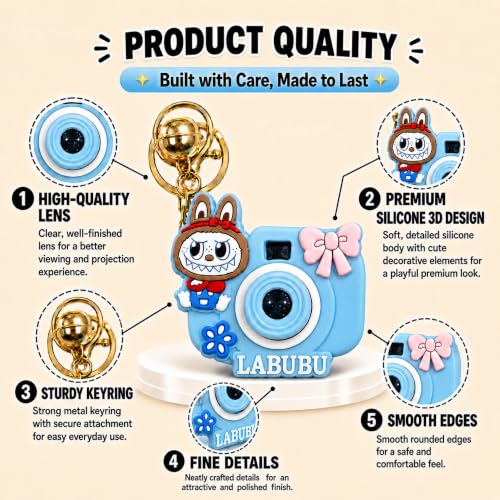 Image of GRAPHENE Cartoon Projection Real Camera Keychain Cute Bell Charm Multicolor Mini Key Ring Bag Tag Car Home Light Projector Toy for Kids 5-10 Years Girls Boys Kitty Birthday Return Gifts (Pack of 2)