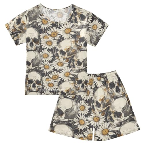 ALAZA Skulls Daisy Flowers Pajama Set Short Sleeve Sleepwear Soft Lounge Nightwear