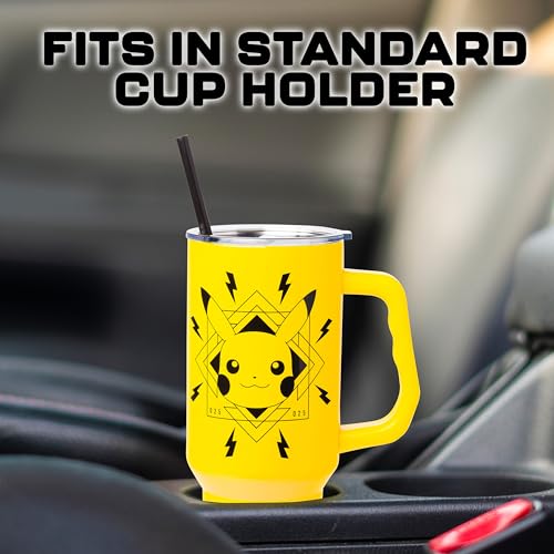 Image of Silver Buffalo Pokemon Lightning Double Walled Stainless Steel Tumbler with Handle Featuring Pikachu, Fits in Standard Cup Holder, 40 Ounces