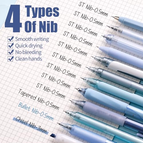 Image of Four Candies 12Pack Pastel Gel Ink Pen Set, 11 Pack Black Ink Pens with 1Pack Highlighter for Writing, Retractable 0.5mm Fine Point Cute Note Taking Pens for School Office (Blue)