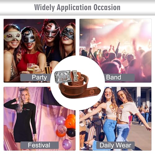 Mens Western Cowboy Cowgirl Genuine Leather Belt, Floral Embossed Leather Belt Square Buckle Casual Belt For Daily Decoration4