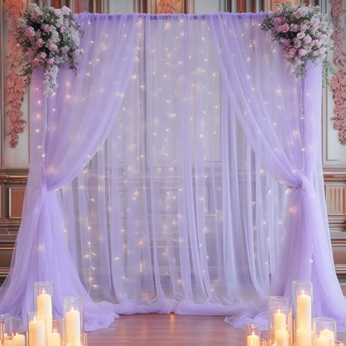 10ft x 10ft Purple Backdrop Curtain Panels with Lights String for Parties, Sheer Tulle Wedding Backdrop Drapes for Baby Shower Birthday Party Home Decorations