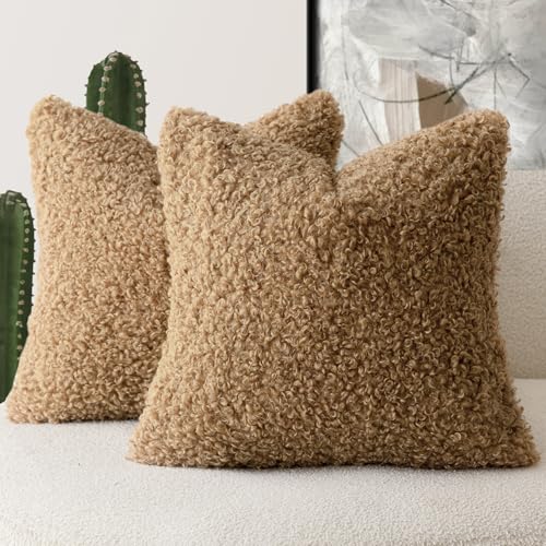 Image of Foindtower 2 Pieces 24x24 Inch Bronze, Faux Fur Throw Pillow Cover Accent Sherpa Pillow Fuzzy Soft Pillowcases Sheepskin Decorative Fleece Cushion Case for Bed Couch Living Room