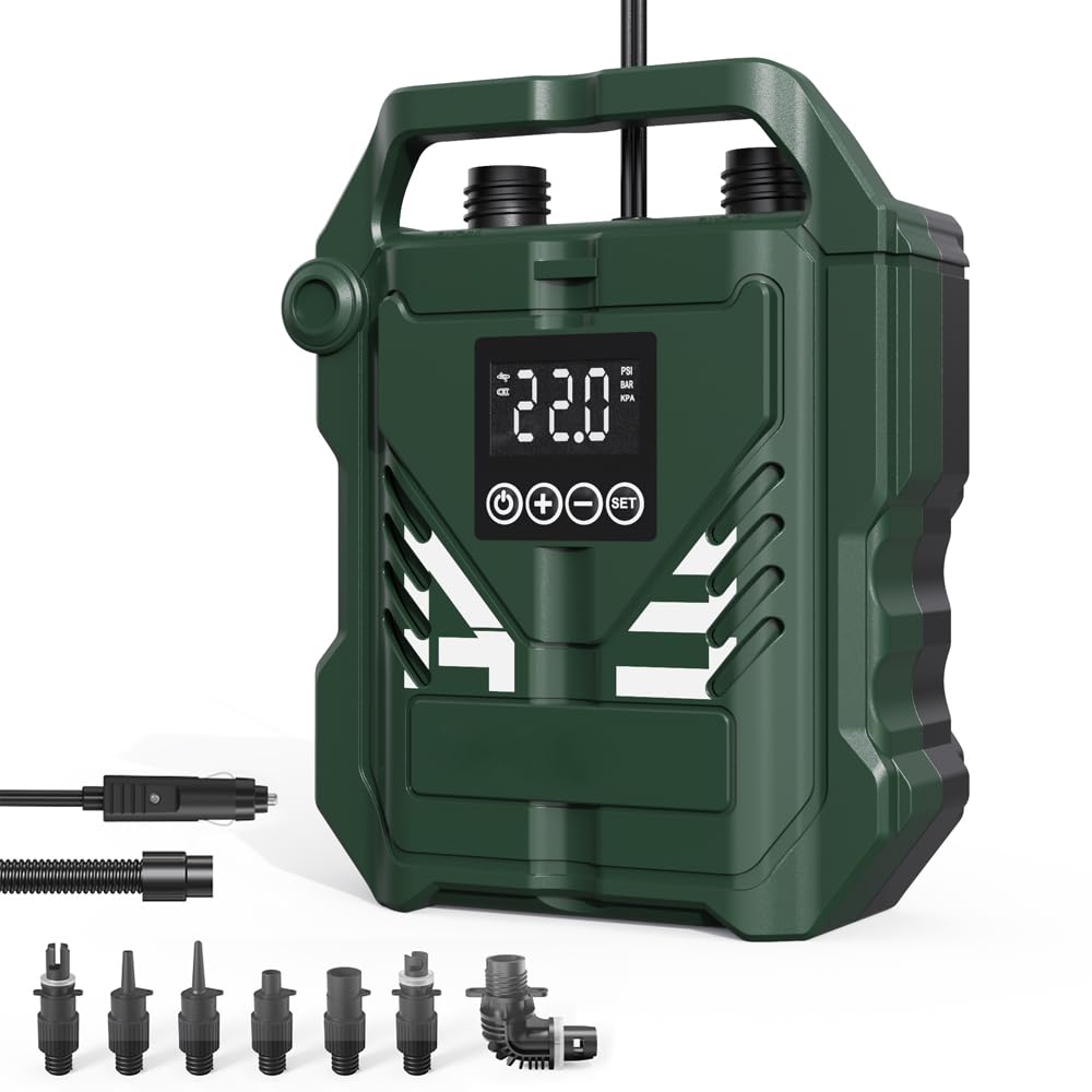 Compresor de aire eléctrico portátil de 12 V, 22 PSI, bomba de alta presión con apagado automático, 3 modos de trabajo, 7 boquillas para tabla de remo inflable, barco, kayak, tienda de campaña y