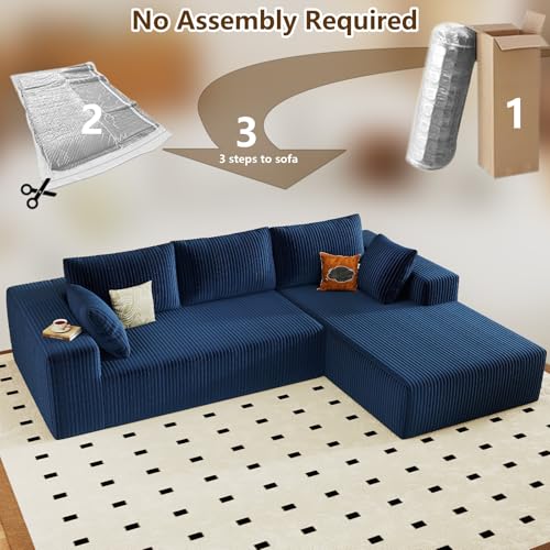 Image of 96 inch Modular Sectional Couch, Boneless L Shaped Cloud Sofa with Chaise Lounge, Corduroy Upholstered Couches Memory Foam Deep Seat, No Assembly Required, Ideal for Living Room(Blue, Right Facing)