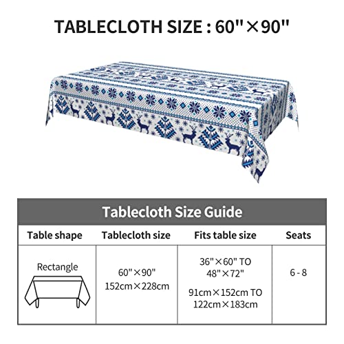 Snowflake Reindeer Blue Tablecloth, Washable Polyester Table Cover For Dining Room Kitchen Party Winter Christmas Decoration 60"X90" Oblong #TOP6