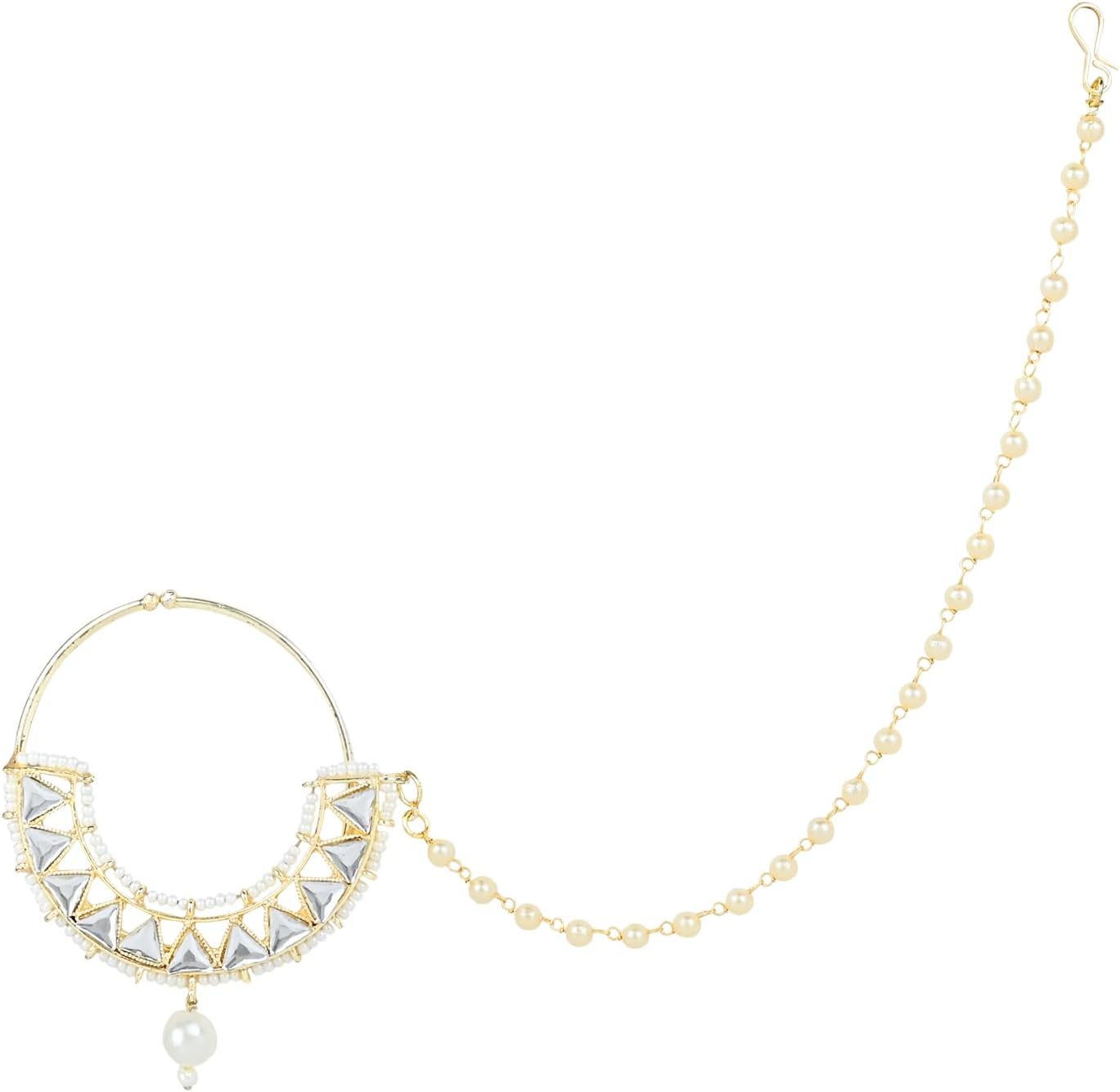 I Jewels Indian Wedding Bollywood Gold Plated Traditional Ethnic Bridal Nose Ring/Nath Without Piercing with Pearl Chain Encased with Pearl Stone for Women/s (NL62-70,71,72)
