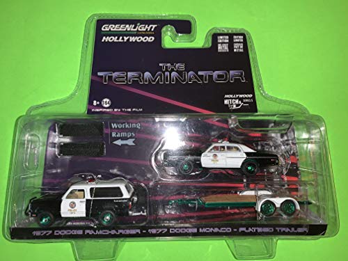 Greenlight Hollywood Hitch & Tow Series 5 The Terminator 1977 Dodge Ram Charger with 1977 Dodge Monaco Metropolitan Police on Flatbed Trailer 1/64 Diecast Vehicle