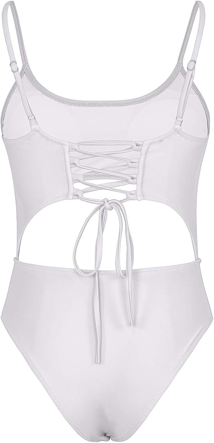 Vista 7 de Meyeeka Monokini con cuello redondo para mujer, parte delantera de encaje, corte alto, una pieza