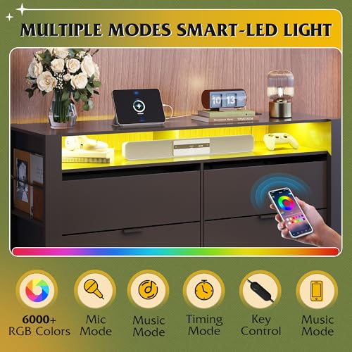 Image of WLIVE 6 Drawer Led Dresser for Bedroom, 51 inch Black Wood Dresser Storage Organizer with Charging Station for 55 inch TV, Dressers with Open Shelves, Hanging Rack, Chest of Drawers for Closet, Living Room