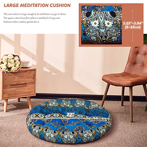 Higogogo Round Bohemian Floor Cushion, Cotton Linen Boho Design Seat Cushion For Adults Kids, Thick Meditation Pillow For Yoga Living Room Sofa Balcony Outdoor, Blue, 22X22 Inch, 1 Pack #TOP5