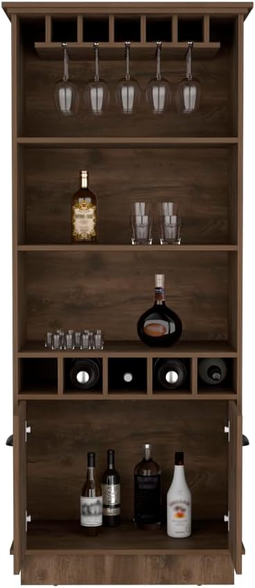 Bar Cabinet with Wine Glasses Holder,Tall 69 Inch Wine Rack, 5 Tier Industrial Liquor Cabinet with Wine Storage, Liquor Bar Cabinet with Storage for Home Kitchen Dining Room (Dark Brown)