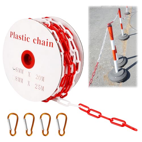 Cadena de Plástico para Barrera JABNOW 6 mm x 20 Metros, Rojo y Blanco, con 4 Hebillas de Aluminio, Advertencia Alta Visibilidad