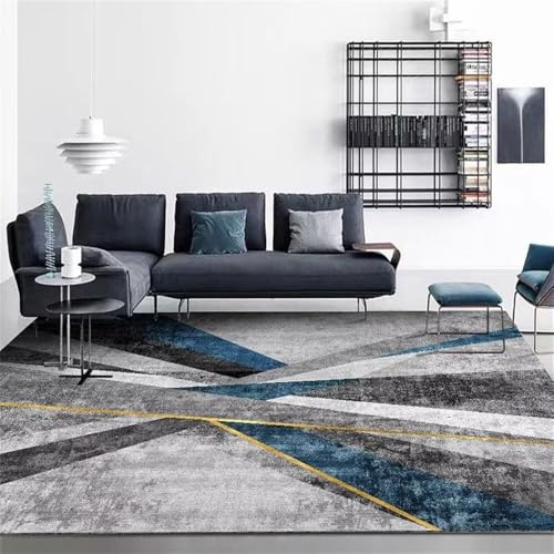 Tapis moderne gris lavable en machine avec rayures bleues 200x280