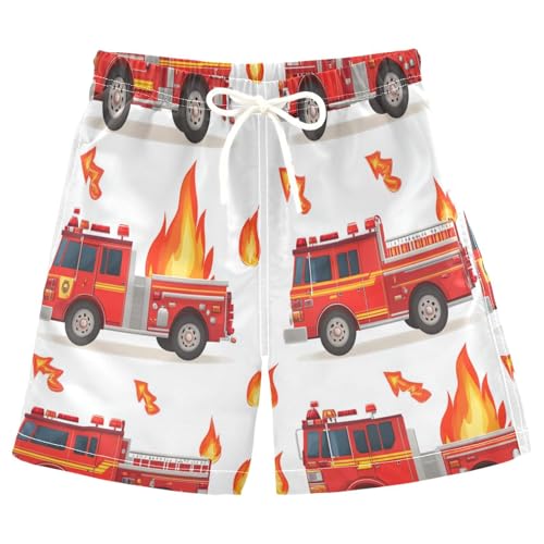 Boys Beach Board Shorts Fire Engine Truck Lightning Swim Trunk Teen Swimwear 8-16Y Multicolor
