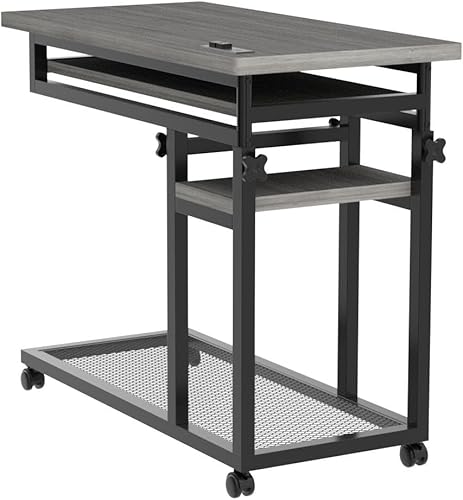 Miniatura 5 de Tribesigns Pequeño escritorio portátil con toma de corriente, sofá de altura ajustable, mesita de noche para laptop con ruedas, escritorio móvil de