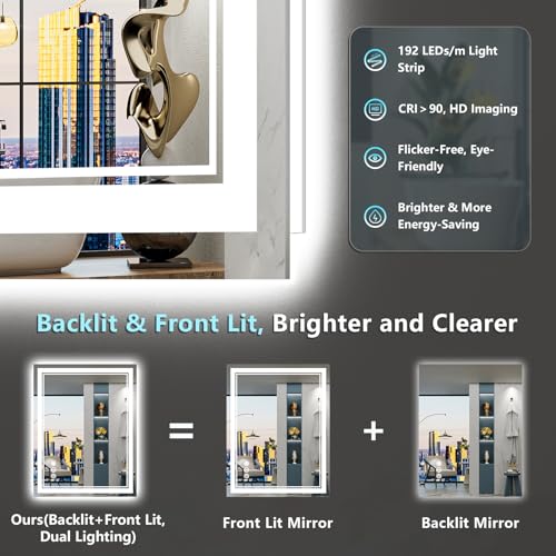 Image of 24x36 LED Bathroom Mirror with Lights, Backlit and Front Lit Anti-Fog Lighted Vanity Mirrors for Bathroom Wall, Dimmable, 3-Color Light, Memory, Shatter-Proof, HD Tempered Glass, CRI>90