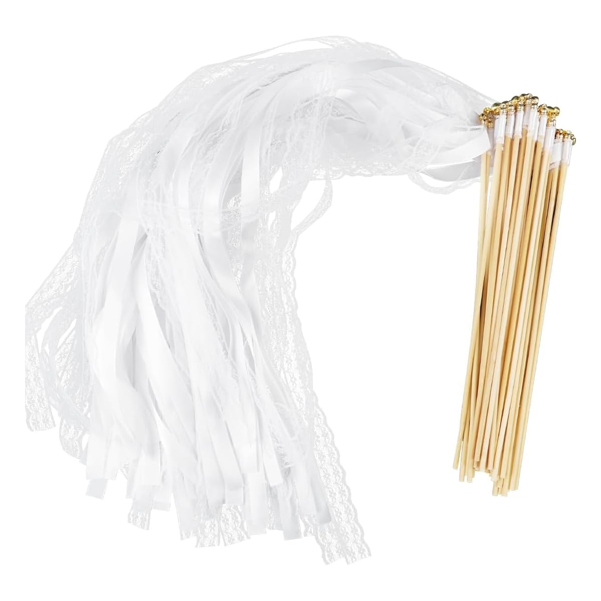 ACOLY 30PCS Wedding Ribbon Wands with Bells, White Lace Fairy Stick, Ribbon Streamers for Party Wedding Graduation Decoration(White)