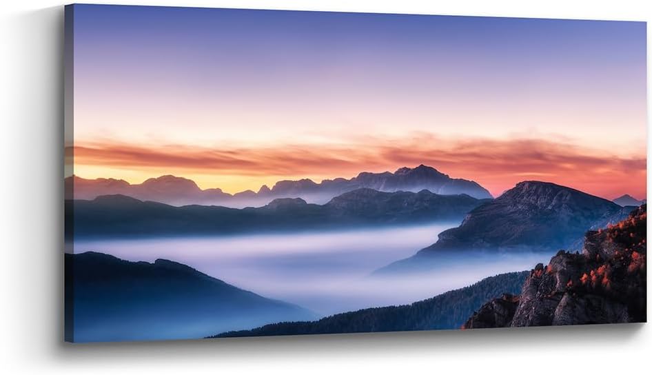 the stream design Nature Landscape Canvas Wall Art: Sunset Mountain Panoramic Foggy Clouds Scenery Prints Artwork Pictures for Living Room Bedroom Hallway 48 x 24 Inch