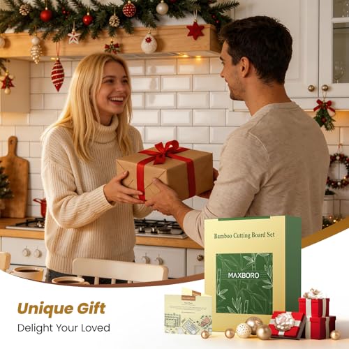 Bamboo Cutting Board Set with Stand, 3PCS Double-Sided Chopping Boards for Kitchen Meal Prep & Serving, Charcuterie, Juice Grooves & Side Handle, Ideal for Meat, Vegetables, Kitchen Essentials, Brown by Maxboro - Image 8