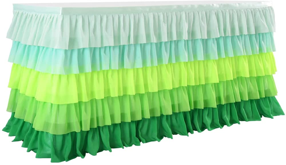 Table Skirts, ELECDON Green Tablecloth Ruffled Tutu Table Skirt for Jungle Party Birthday Luau Hawaiian Tropical Beach Party Island Animal Theme Party Decorations, Contains Velcro, 1 Pcs