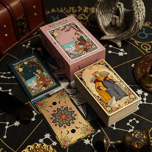 Reyox Baralho de tarot original com livro guia explicação conjunto de 78 cartas vintage de papel dourado para iniciantes