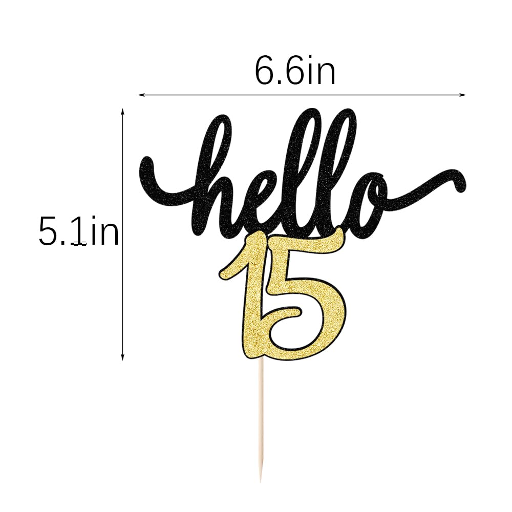 Sodasos Black Glitter Hello 15 Cake Topper - Cheer to 15th Years - 15 and Fabulous Cake Topper - Wedding Anniversary Party Sign Decorations (15)