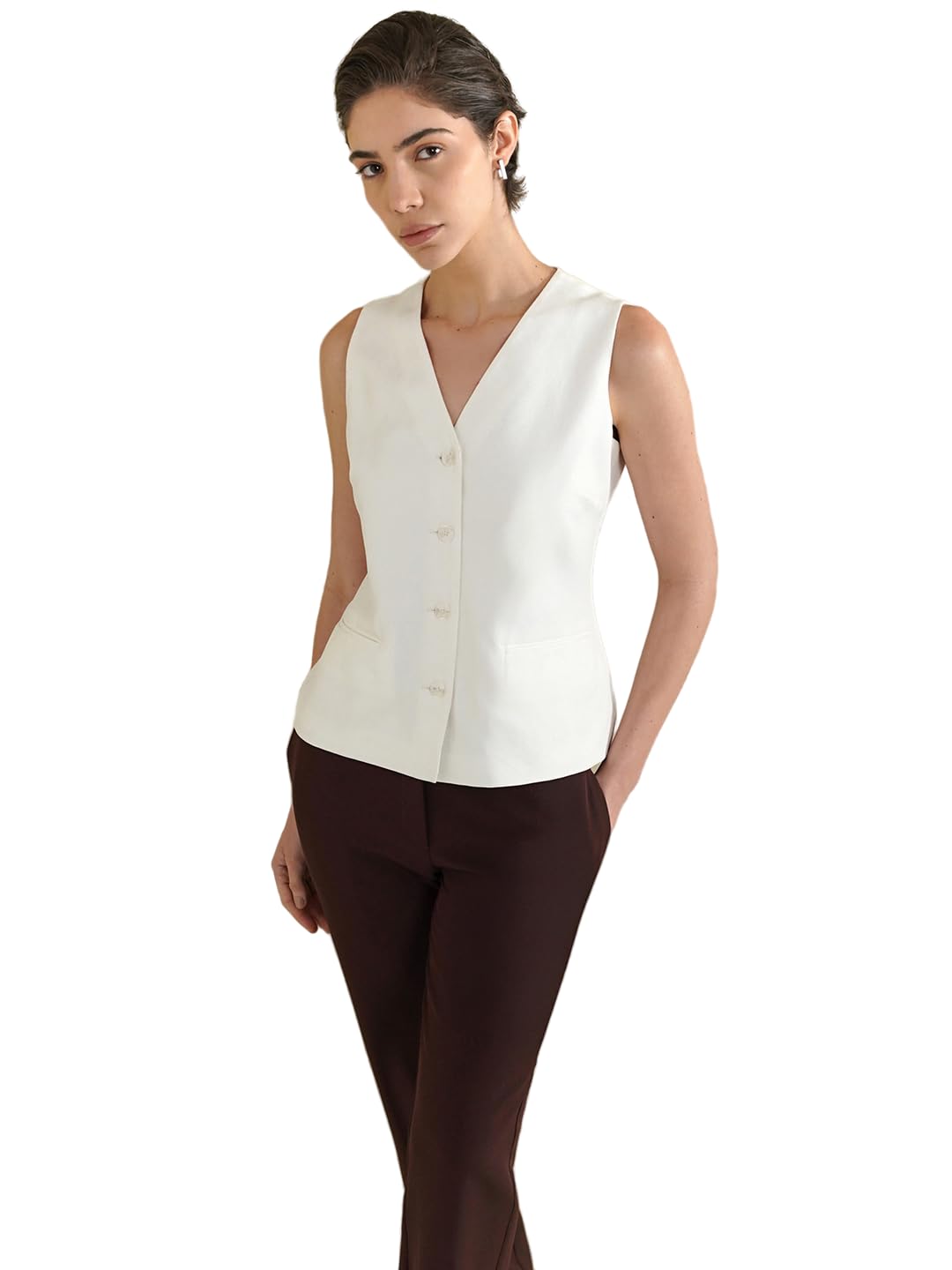 women formal shirt | tailored fit v-neck sleeveless waistcoat style with button closure & solid pattern | smooth woven fabric for office & workwear