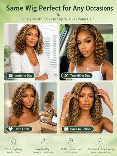 Image of KLAIYI Bye Bye Slip Ombre Highlights Blonde Bob Water Wave Curly Precut 7x5 Lace Front Wigs Human Hair Side Part Drawstring 180% Density Pre Plucked Bleached Knots 30S Ready to Wear and Go Wig 14Inch