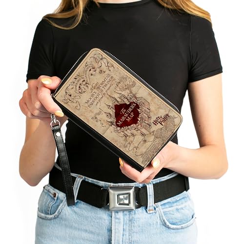 Buckle-Down The Wizarding World of Harry Potter Wallet, Zip Around, Hogwarts School The Marauders Map Tan Reds, Vegan Leather4