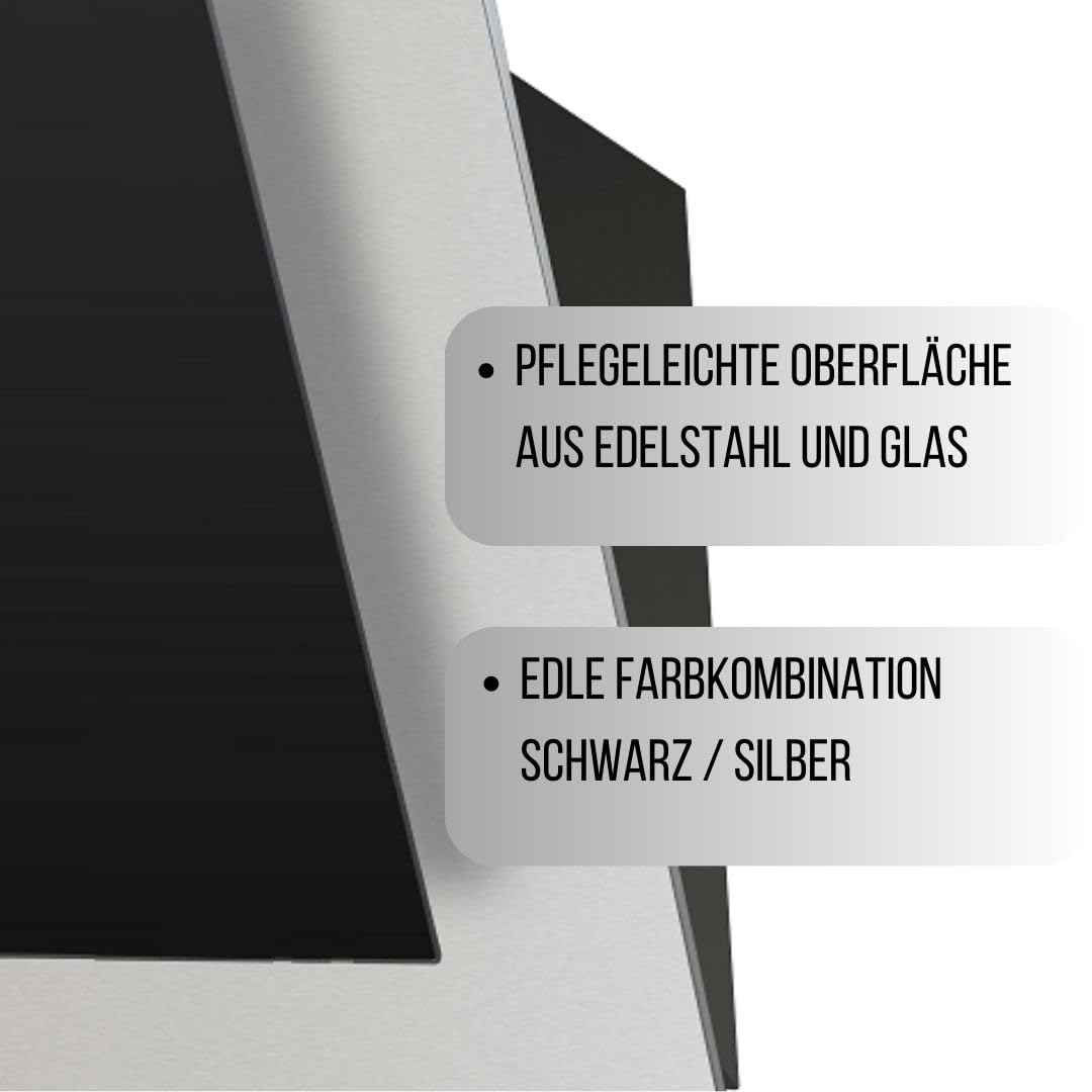 YUNA Dunstabzugshaube JULINA | 60 cm Einbaubreite | Kopffreie Schräghaube | Abluft | Umluft | 3 Leistungsstufen | Wandmontage | Schwarze Glas- und Edelstahlfront | 594m³/h Luftstrom