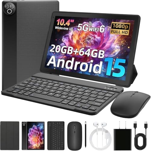 Android 15 Tablet, 10.4 inch Tablet, Android Tablets with Keyboard Pen Case Mouse Earphone, 20GB RAM+64GB ROM (TF 1TB), 5000mAh, WiFi 6, BT5.4, Dual Cameras & Speakers, Black