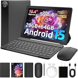 MUISOO Android 15 Tablet, 10.4 inch Tablet, Android Tablets with Keyboard Pen Case Mouse Earphone, 20GB RAM+64GB ROM (TF 1TB), 5000mAh, WiFi 6, BT5.4, Dual Cameras & Speakers, Black