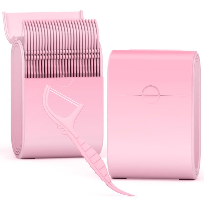 Portable Dental Floss Case 2 Box with 52 Count Floss Picks Twin Line Design Pink Mint Flavor -